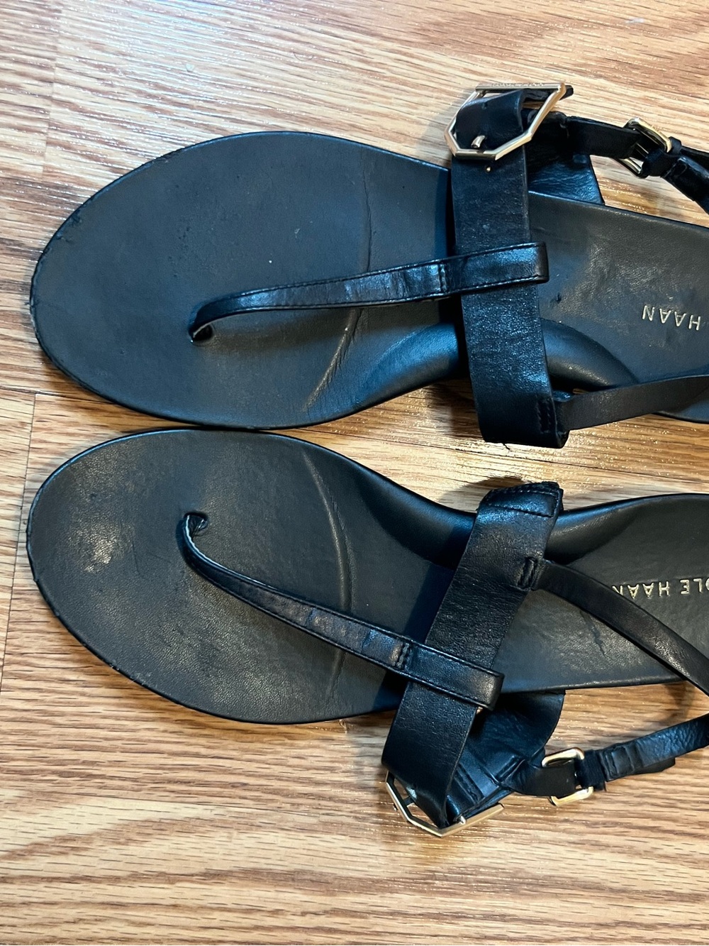 Cole Haan Black Leather T-Strap Sandals with Gold Buckles